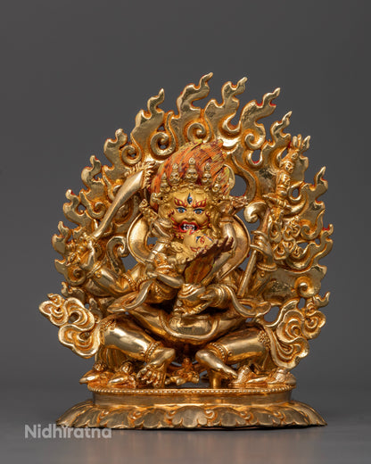Six Armed Mahakala Statue in Yab Yum Union with Consort and 24K Gold Gilded Buddhist Sculpture from Nepal