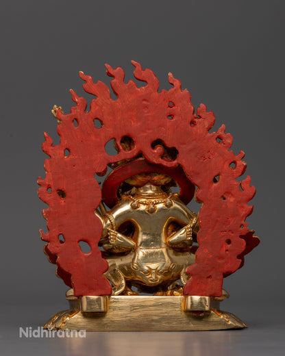 Six Armed Mahakala with Consort Seated on Lotus Pedestal Surrounded by Blazing Wisdom Flames