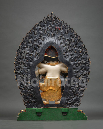 Six-armed White Mahakala Buddhist statue with trident, kartika knife, damaru and skull cup