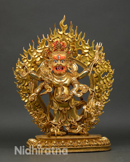 Six armed White Mahakala statue front view gold gilded copper Buddhist sculpture