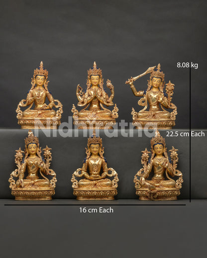 Six Bodhisattva statue set from Nepal in 24K gold gilded copper front view.