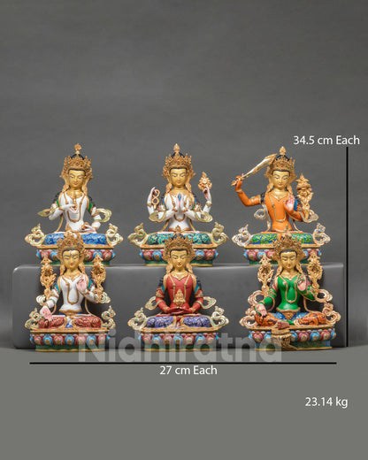 Six Bodhisattva Statue Set front view, hand painted copper Buddhist altar set Nepal