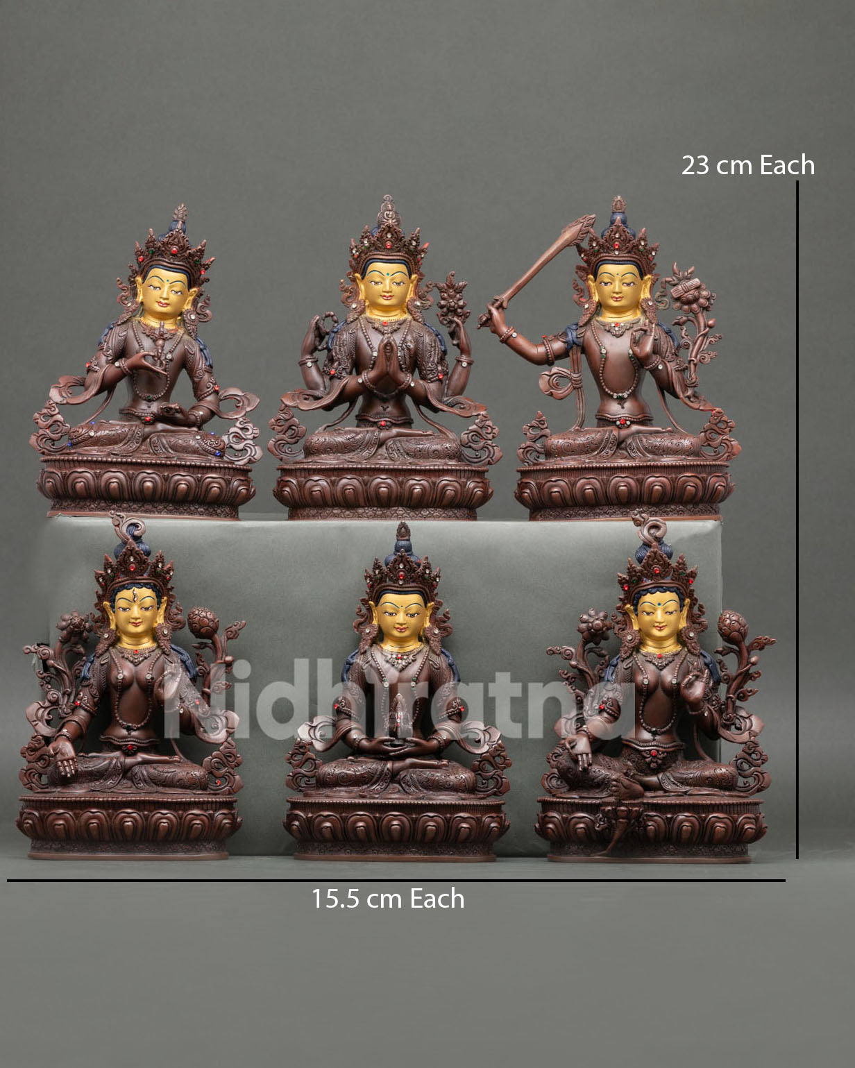 Six Buddhist Bodhisattva statues set handcrafted in Nepal with oxidized copper and gold painted faces.