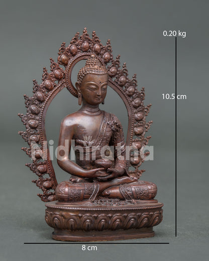 Small Amitabha Buddha meditation statue with serene expression and traditional Himalayan Buddhist artistry