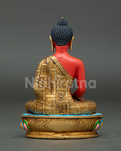 Small Amitabha Buddha sculpture for meditation space featuring multi colored lotus throne traditional Nepalese craftsmanship and sacred design.