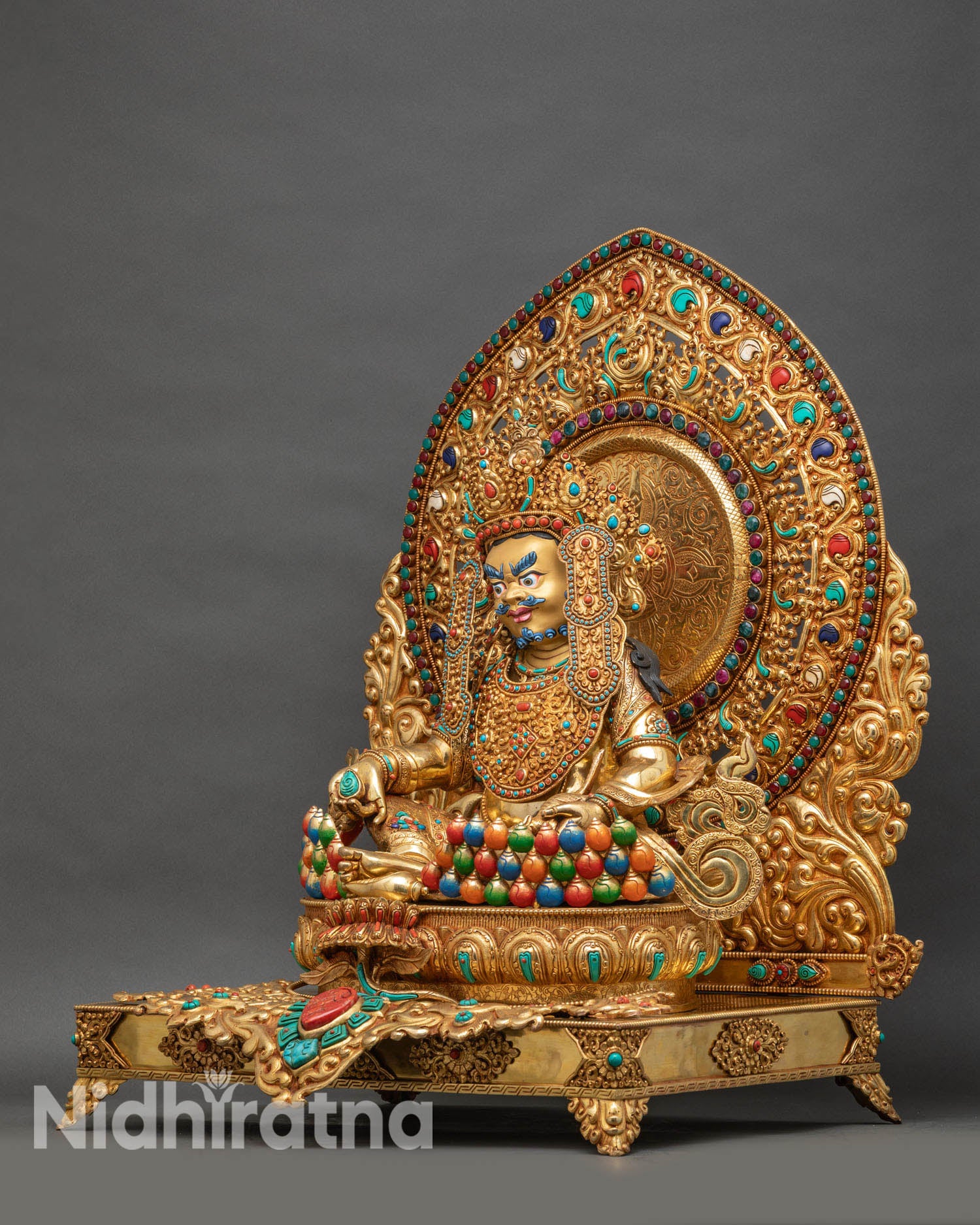 Small Dzambhala Antique Finish Statue Nepal Buddhist Copper Mandorla Halo