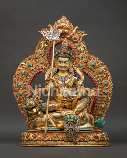 Snow Lion Riding Namtoshe Statue with 24K Gold Gilding from Nepal
