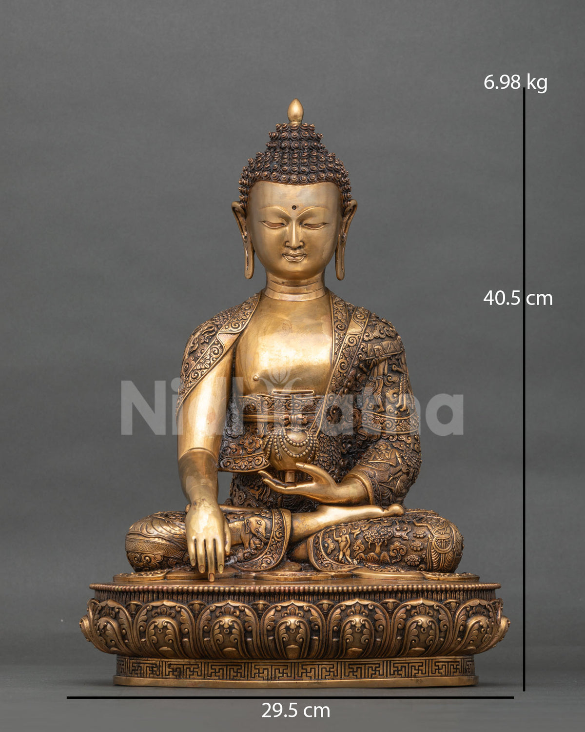 Solid Copper Shakyamuni Buddha Statue Front View with Life Story Carved Monastic Robe