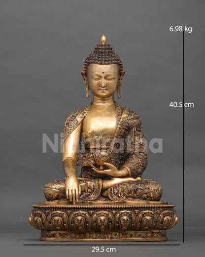 Solid Copper Shakyamuni Buddha Statue Front View with Life Story Carved Monastic Robe