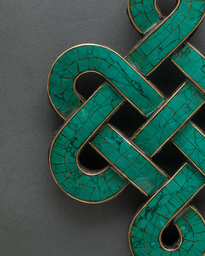 Solid wood Endless Knot sacred wall art with green turquoise stone detailing