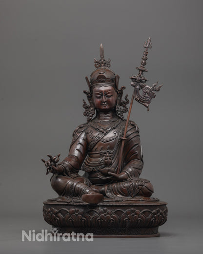 spiritual padmasambhava statue front view with oxidized copper and lotus base craftsmanship