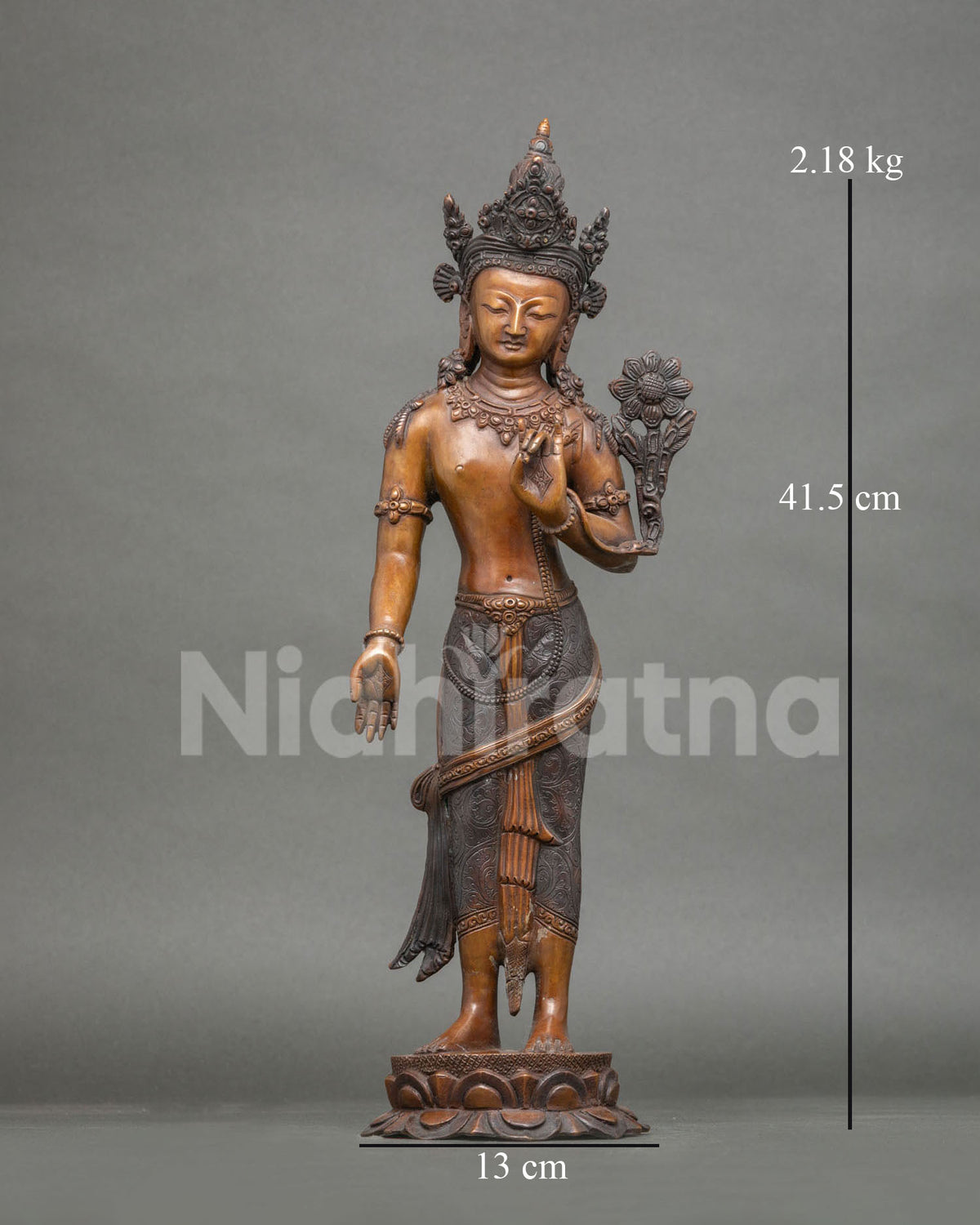 Standing Avalokiteshvara statue, front view of Lokeshwor in chemically oxidized copper from Nepal
