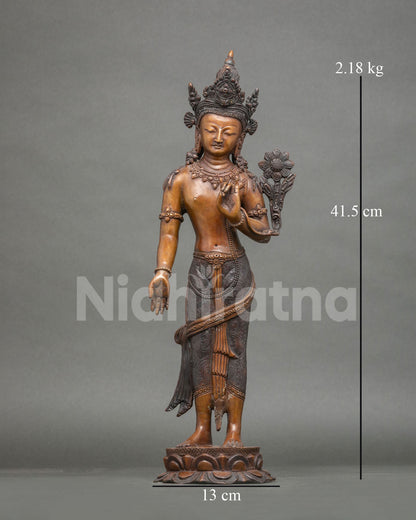 Standing Avalokiteshvara statue, front view of Lokeshwor in chemically oxidized copper from Nepal