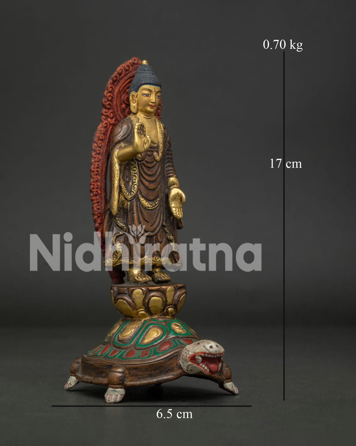 Standing Buddha statue side view ornate turtle base throne handcrafted in Nepal.