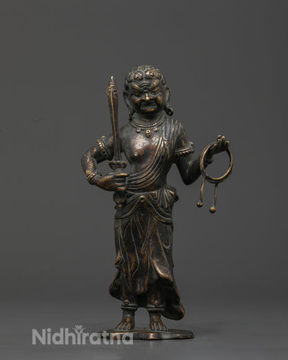 Standing Fudo Myoo Statue front view with oxidized copper Buddhist deity sculpture