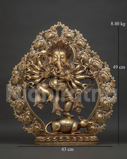 Standing Ganesh statue in pure copper, twelve armed form, handcrafted in Nepal