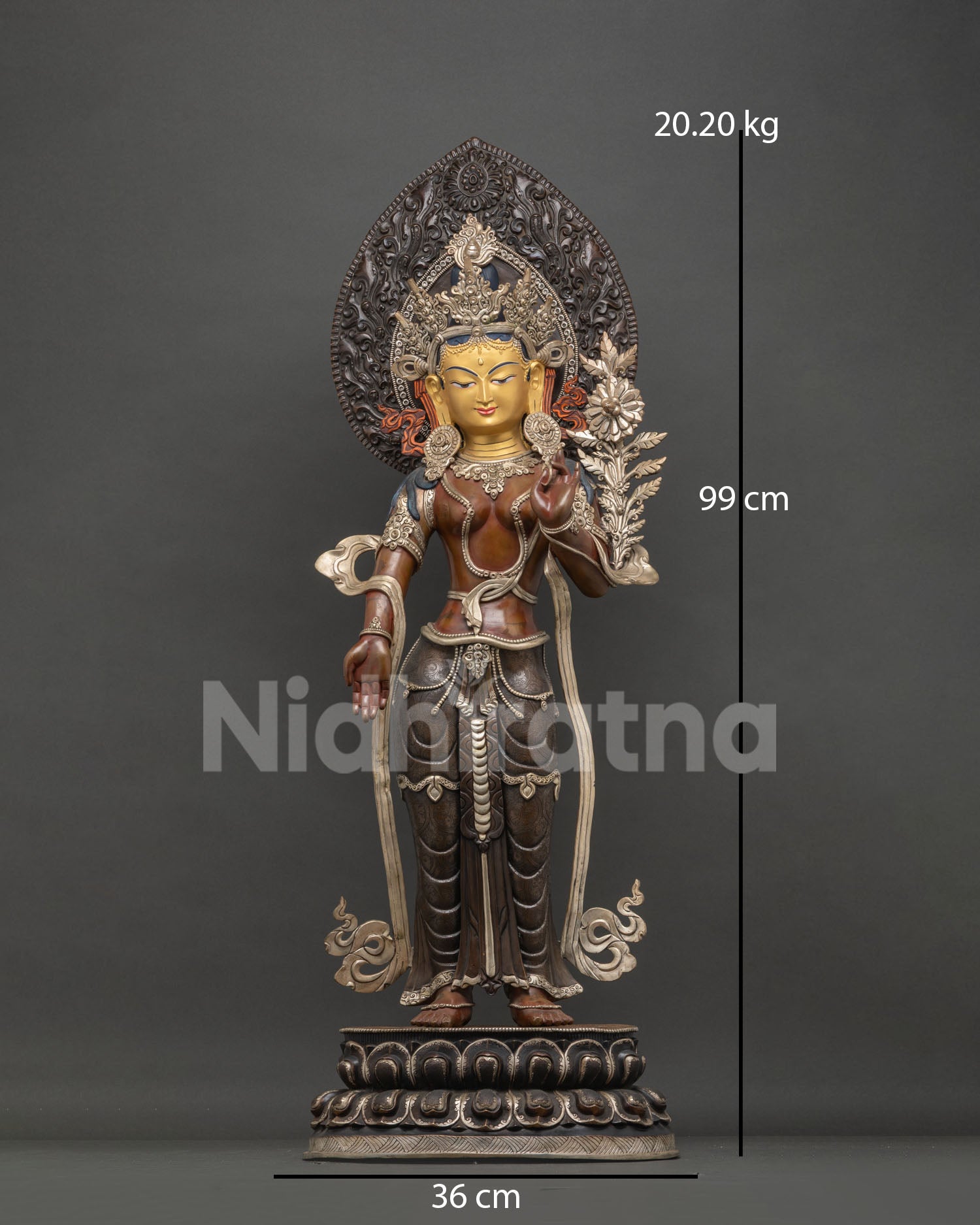Standing Green Tara statue front view—handmade oxidized copper sculpture with lotus base from Nepal