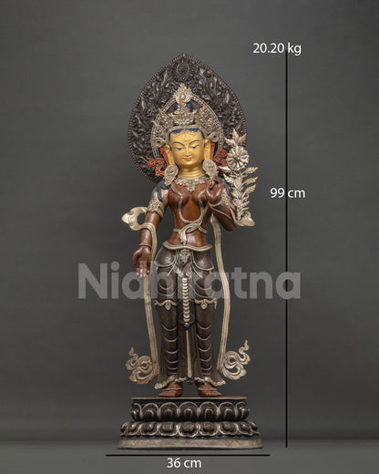 Standing Green Tara statue front view—handmade oxidized copper sculpture with lotus base from Nepal