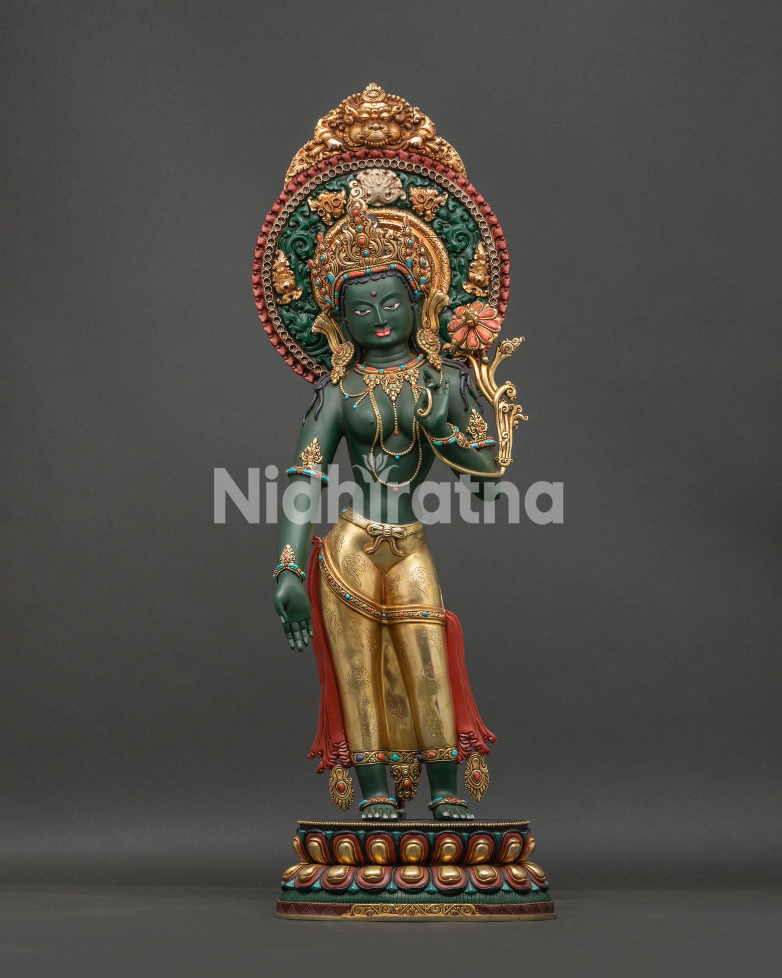 Standing Green Tara Statue, hand-cast copper sculpture by Newari artisans in Patan, Nepal 