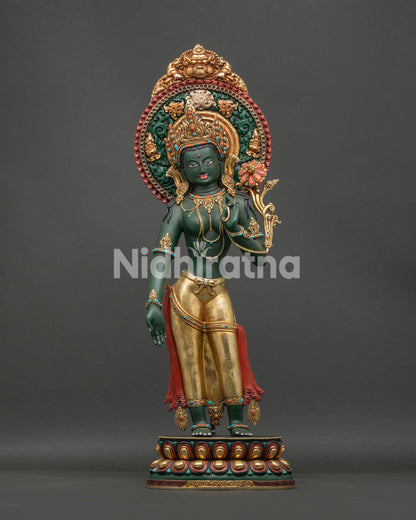 Standing Green Tara Statue, hand-cast copper sculpture by Newari artisans in Patan, Nepal 