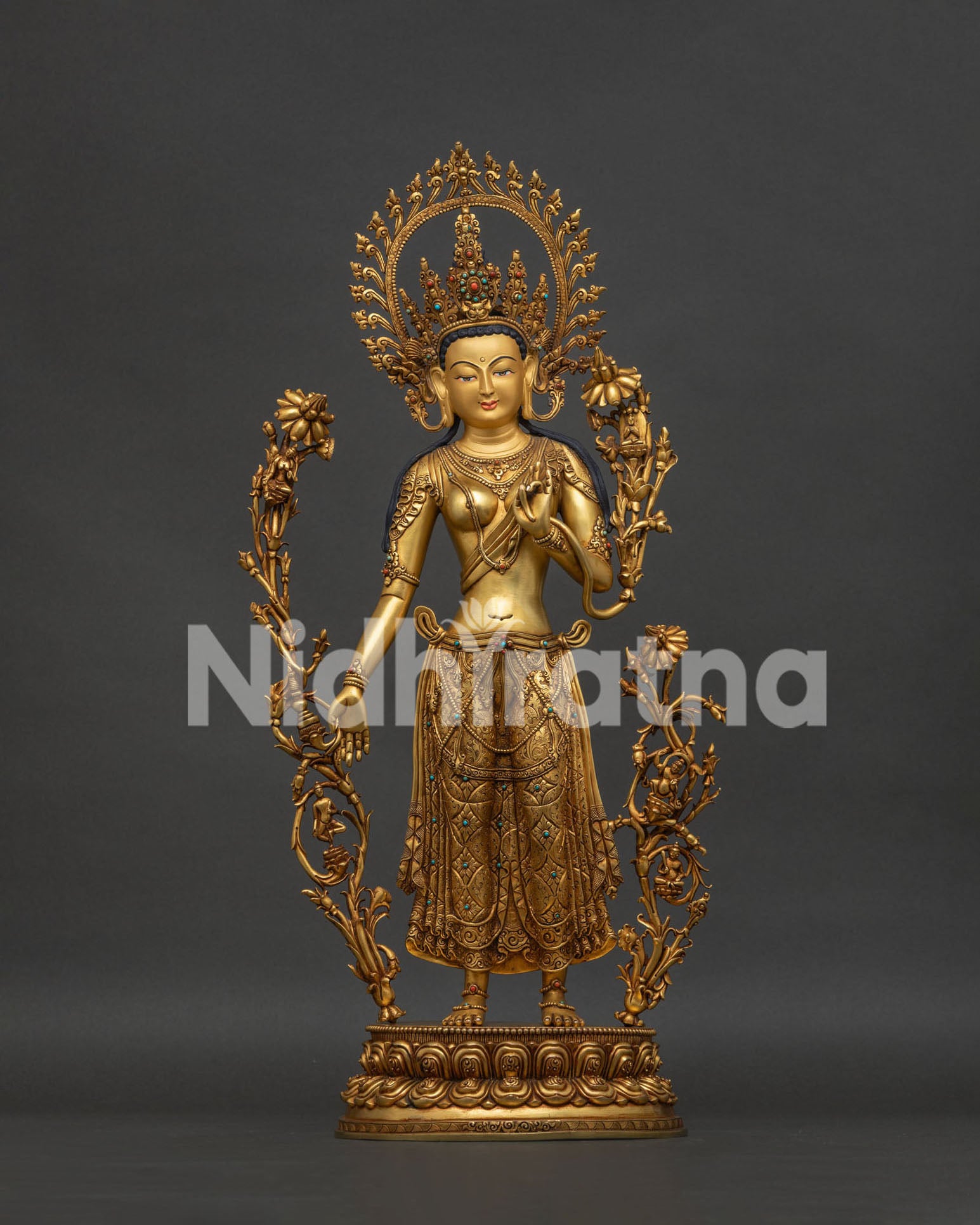 standing green tara statue in 24k gold fire gilded copper with gemstone inlays