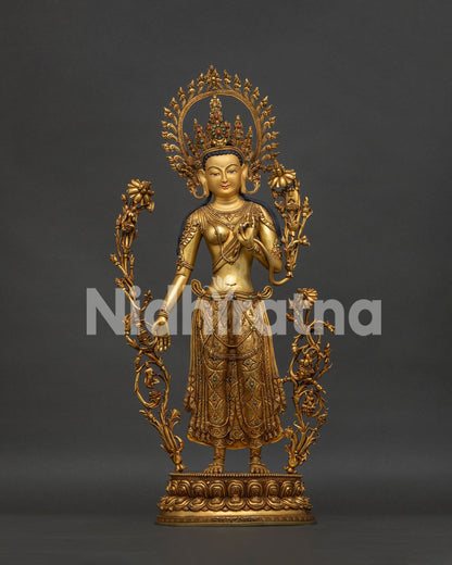 standing green tara statue in 24k gold fire gilded copper with gemstone inlays