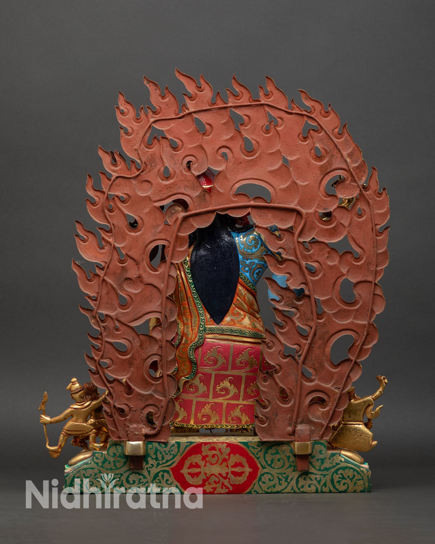 Standing Guru Rinpoche full view sacred altar statue handmade Newari copper sculpture Buddhist meditation decor with gold and acrylic painted details.