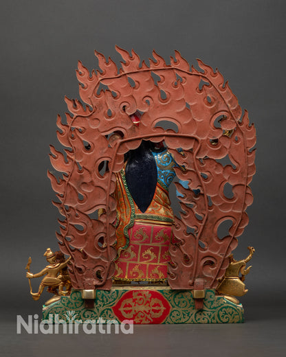 Standing Guru Rinpoche full view sacred altar statue handmade Newari copper sculpture Buddhist meditation decor with gold and acrylic painted details.