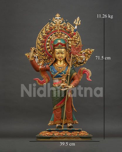 Standing Guru Rinpoche Padmasambhava statue, full front view, gold-gilded copper sculpture