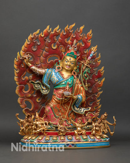 Standing Guru Rinpoche statue front view copper sculpture with gold gilded details and hand painted acrylic finish from Nepal Buddhist artwork.