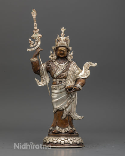 Standing Guru Rinpoche Statue with oxidized copper and silver plated finish on lotus pedestal