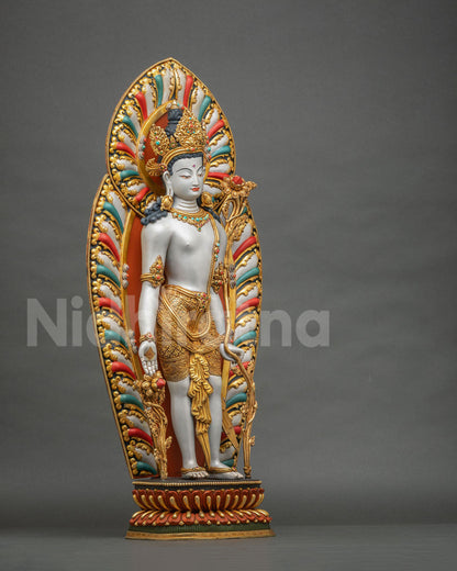 Standing Lokeshwor statue side view with floral halo and lotus base, handcrafted copper from Nepal