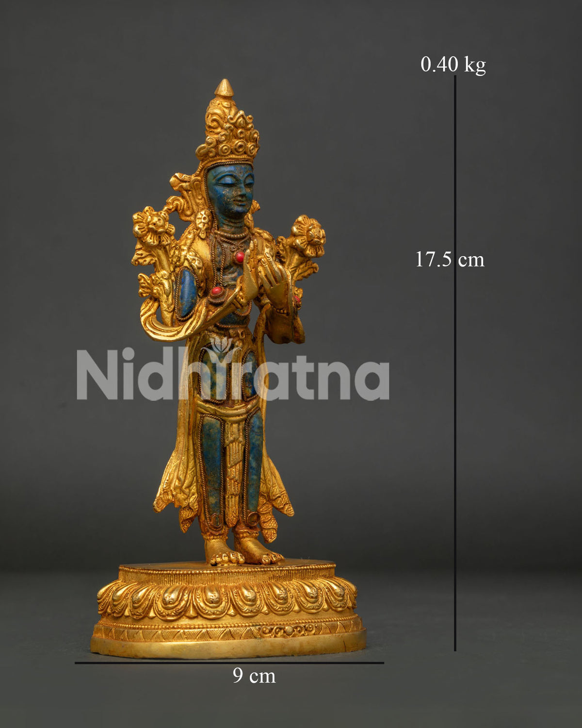 Standing Maitreya Buddha sculpture displaying Dharmachakra Mudra on a lotus pedestal
