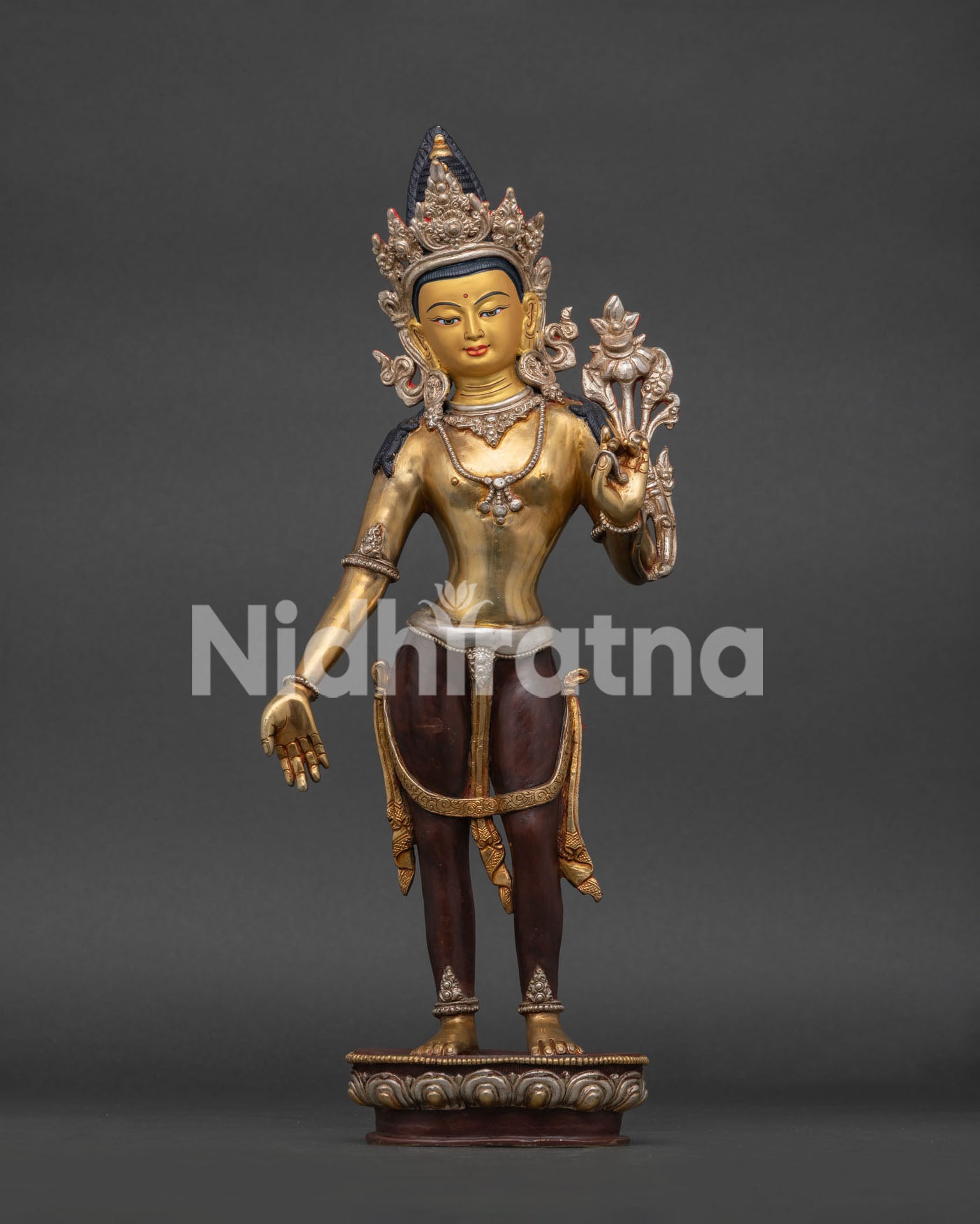 Standing Padmapani Lokeshvara Statue front view with 24K gold gilding from Nepal