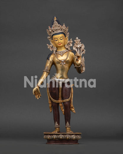 Standing Padmapani Lokeshvara Statue front view with 24K gold gilding from Nepal