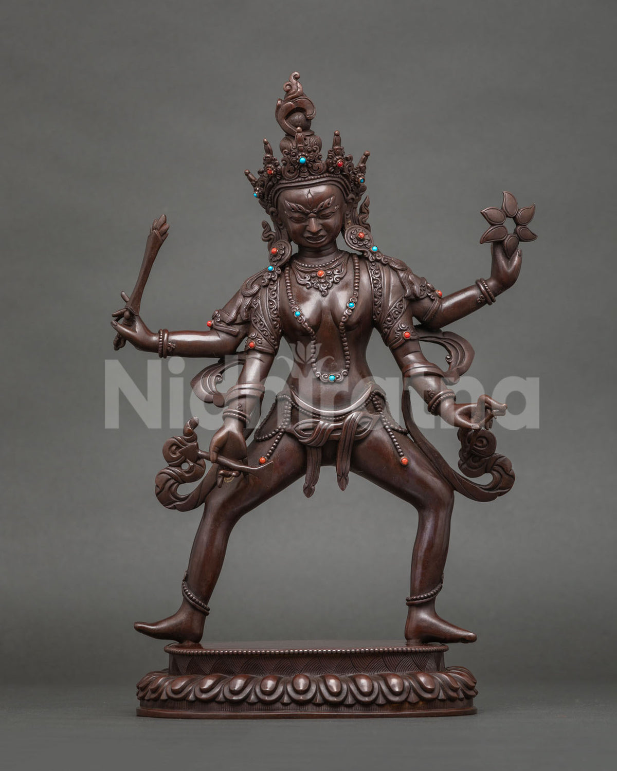 Standing Paripacaka Tara statue, wrathful karma ripener, oxidized copper Surya Gupta set