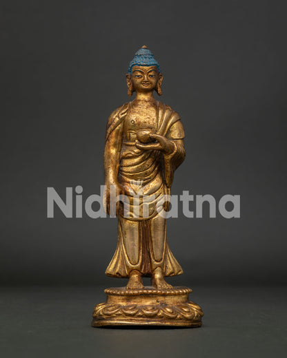 Standing Shakyamuni Buddha Statue in Gold Fire Gilded Copper Handcrafted in Nepal.