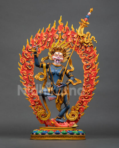 standing simhamukha statue with flaming halo, handcrafted copper buddhist artwork