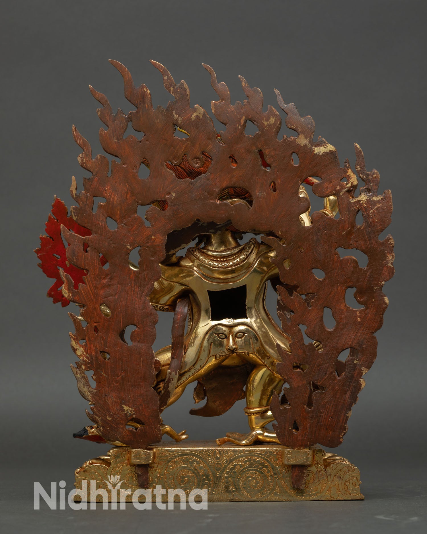 Takla Mebar statue back view, copper, gold gilded, Himalayan deity, spiritual altar decor, Nepal craftsmanship