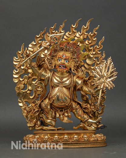 Takla Mebar statue front view wrathful Buddhist deity copper sculpture, meditation altar decor