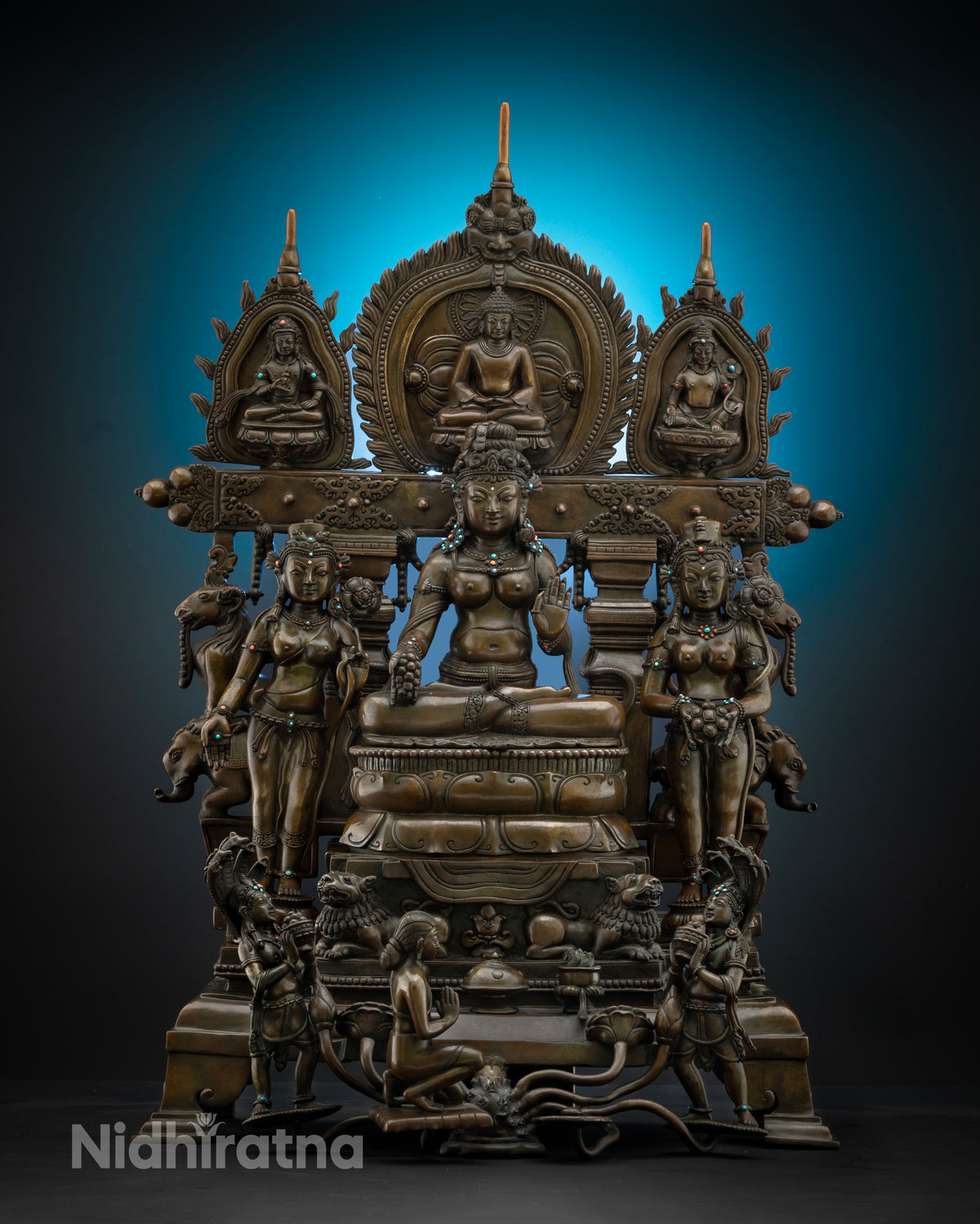Tara Triad Statue Front View – Handmade Copper Bhrikuti, Green & White Tara Icon