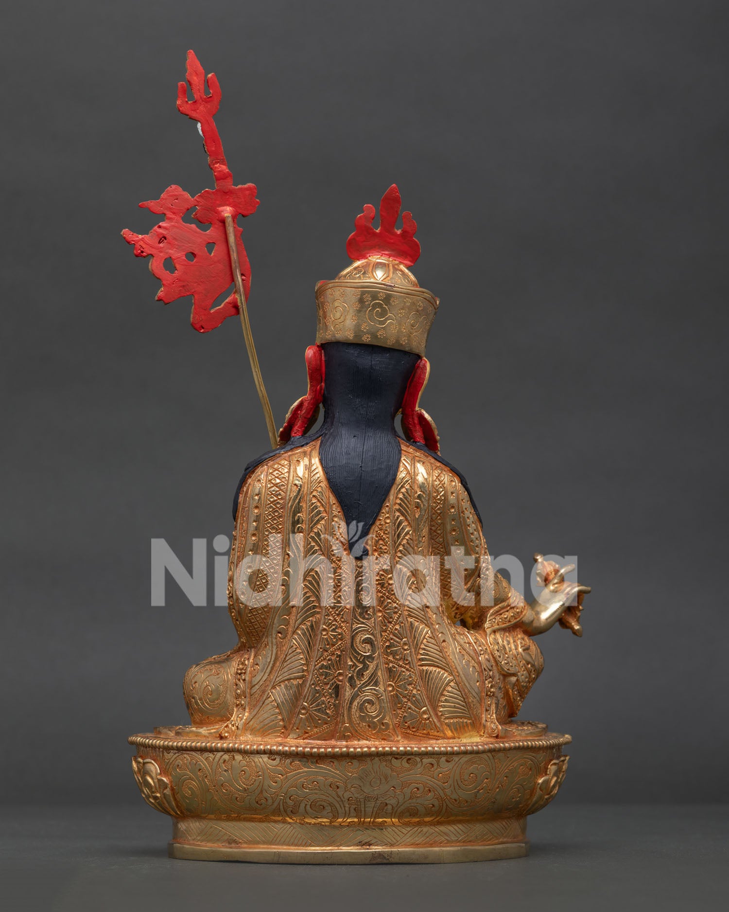 The back view highlights traditional Newari craftsmanship on this Himalayan Guru Rinpoche Buddhist statue