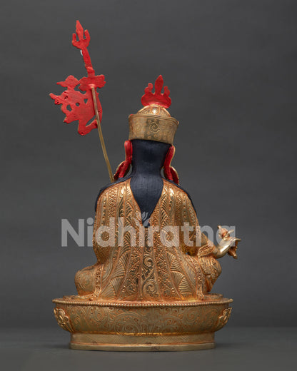 The back view highlights traditional Newari craftsmanship on this Himalayan Guru Rinpoche Buddhist statue