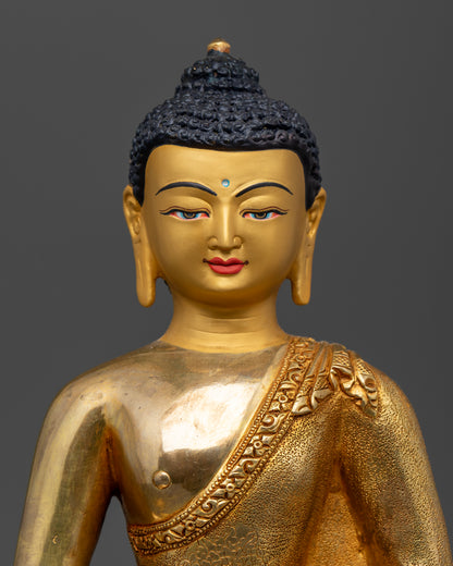 the Amitabha Buddha’s serene, gold-plated face, highlighting the intricate detailing and timeless elegance of traditional Nepali craftsmanship.


