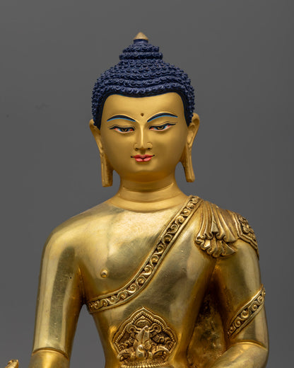 the Medicine Buddha Statue seated on a lotus throne, holding a healing bowl and myrobalan herb, symbolizing health and spiritual well-being