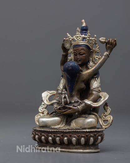 the oxidized and silver-plated jewelry and crown of Amitayus Buddha Consort statue, highlighting craftsmanship