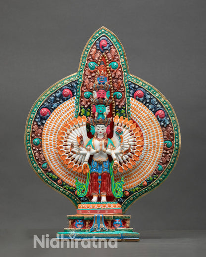 Thousand Armed Chenrezig Statue Front View Handpainted Copper Buddhist Art