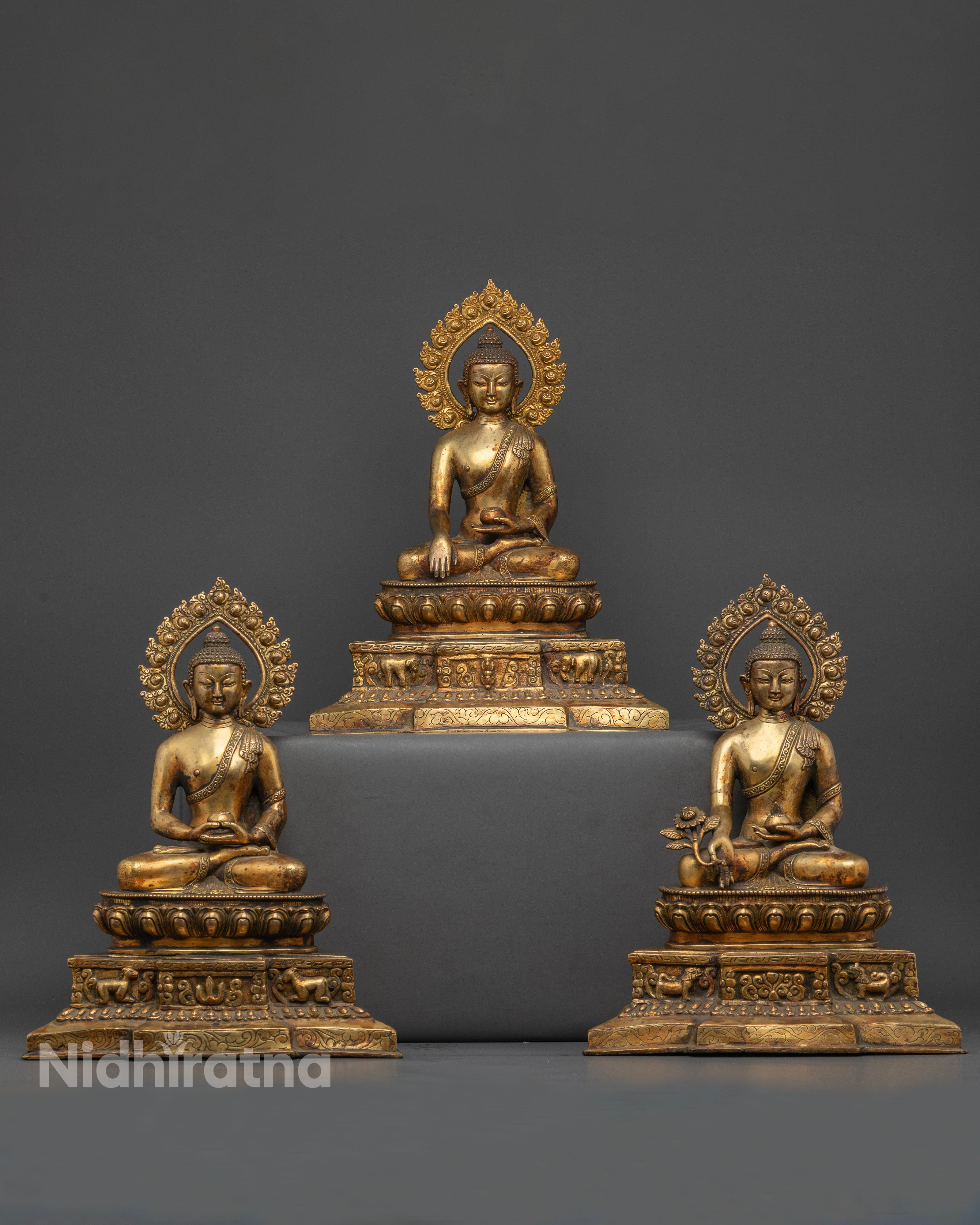 Three Buddha Set Amitabha Shakyamuni Medicine Buddha Gold Gilded Copper Statues from Nepal.