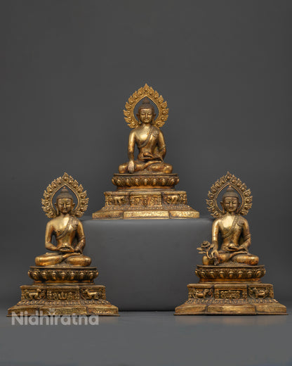 Three Buddha Set Amitabha Shakyamuni Medicine Buddha Gold Gilded Copper Statues from Nepal.