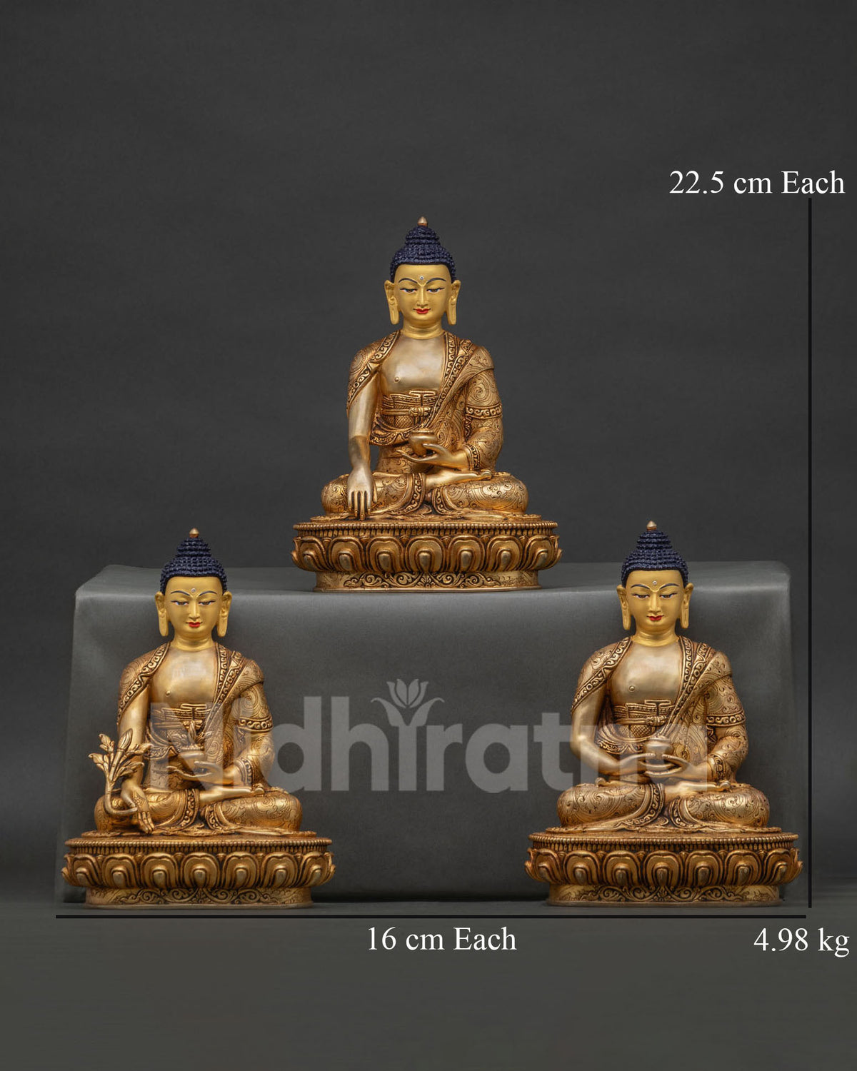 Three Buddha Set Gold Gilded Nepalese Buddhist Statues Amitabha Shakyamuni Medicine Buddha.